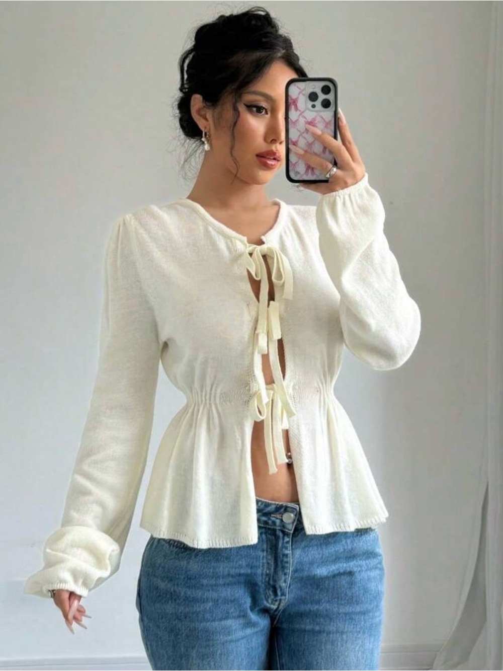 Amazon Cream Tie-Front Knit Peplum Top